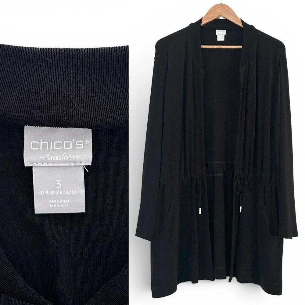 Chico's Travelers Women's XL Black Size 3 Open Front Drawstring Cardigan NWOT
